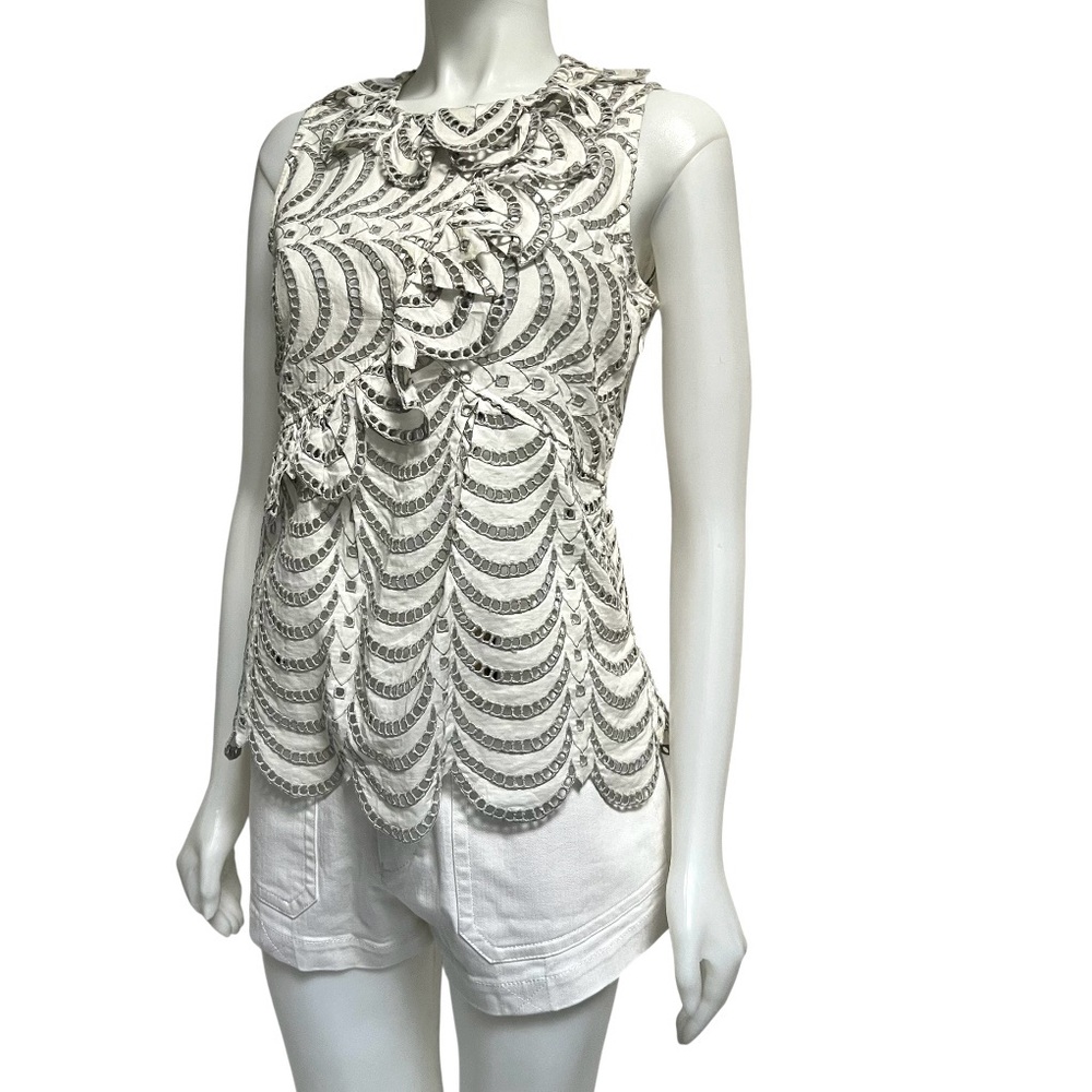 MARK by MARK JACOBS White Scalloped Eyelet Cotton Summer Blouse Ruffles Summer